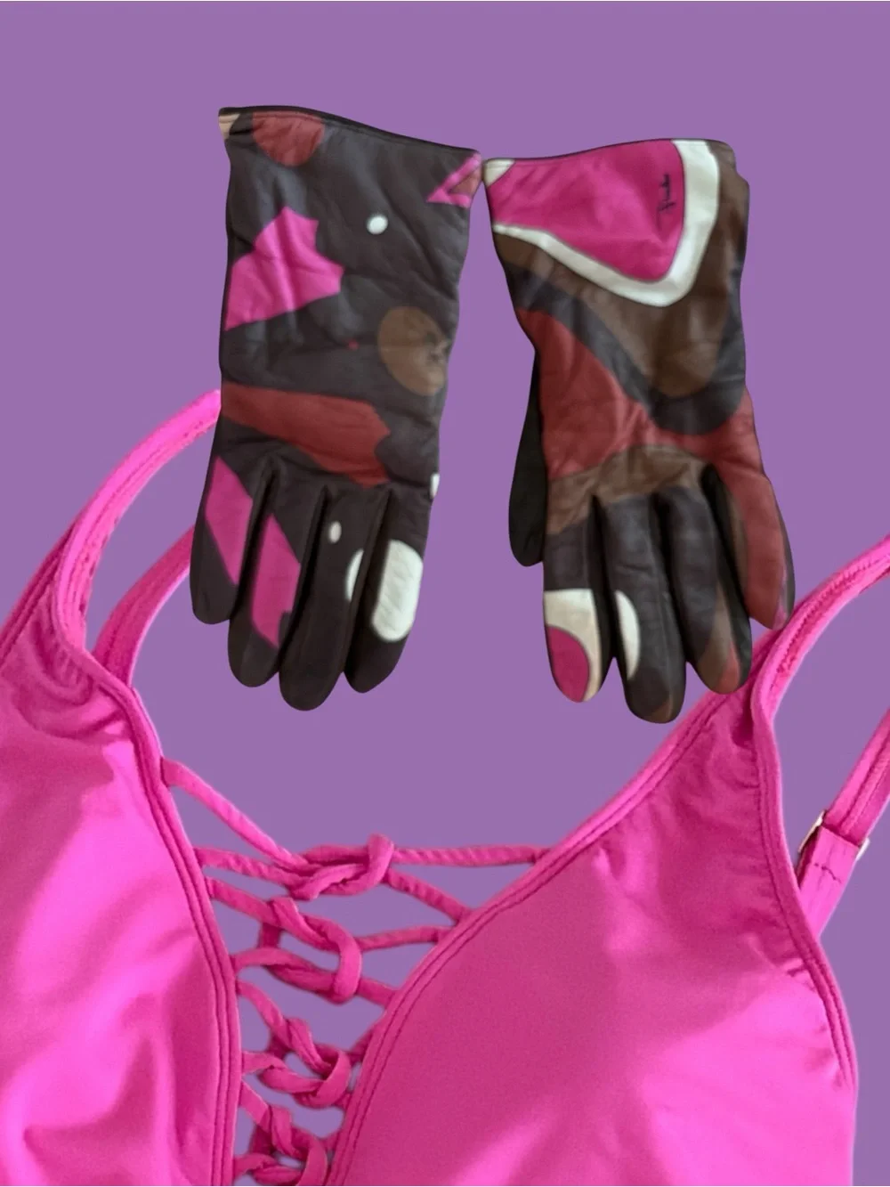 Emilio Pucci Multicolor Leather Gloves - Pink, Brown, Cream